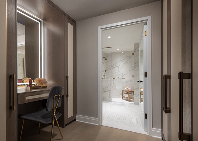 The vanity and bathroom area at a room at Coterie Hudson Yards