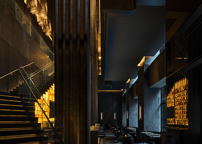 The entrance staircase to Nobu Toronto's main dining room