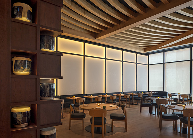The corner of the main dining room at Nobu Toronto