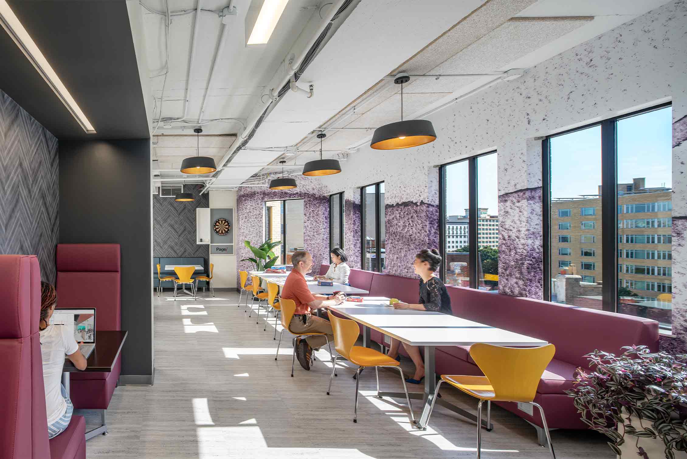 An eating area at Page's Washington D.C. office, powered by Lutron's Athena system