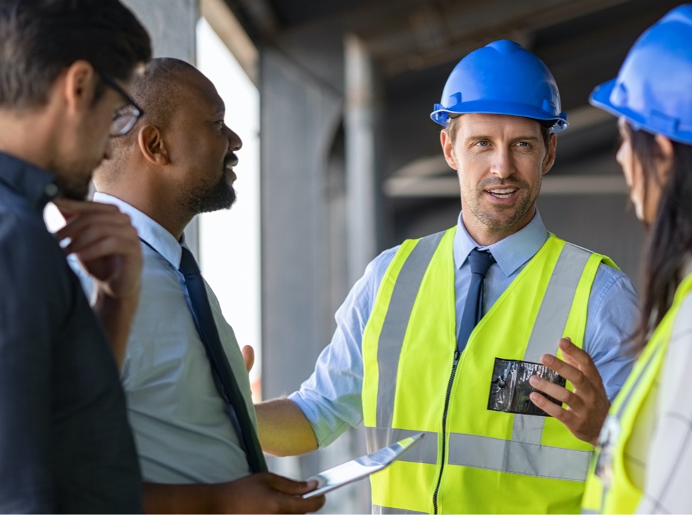 service technician talking with a group of people