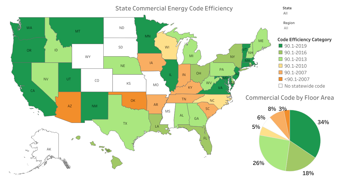 A map of commercial energy codes by U.S. state