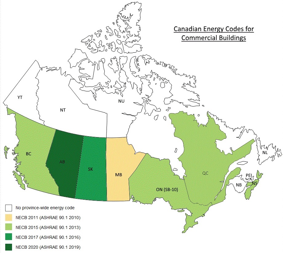 A map of Canadian energy codes for commercial buildings