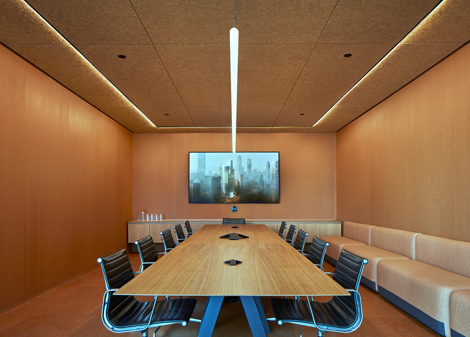 A modern wood paneled boardroom