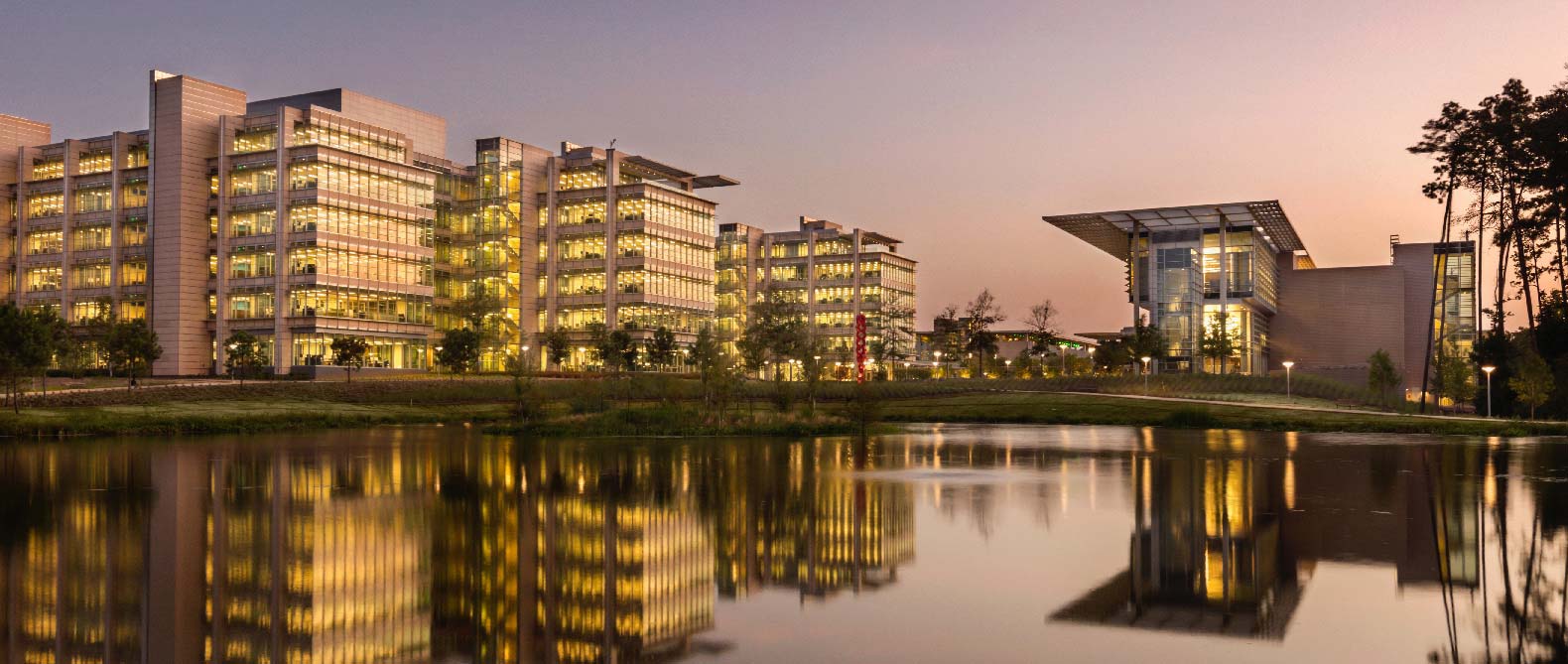 campus of large office complex with Lutron smart building lighting solutions